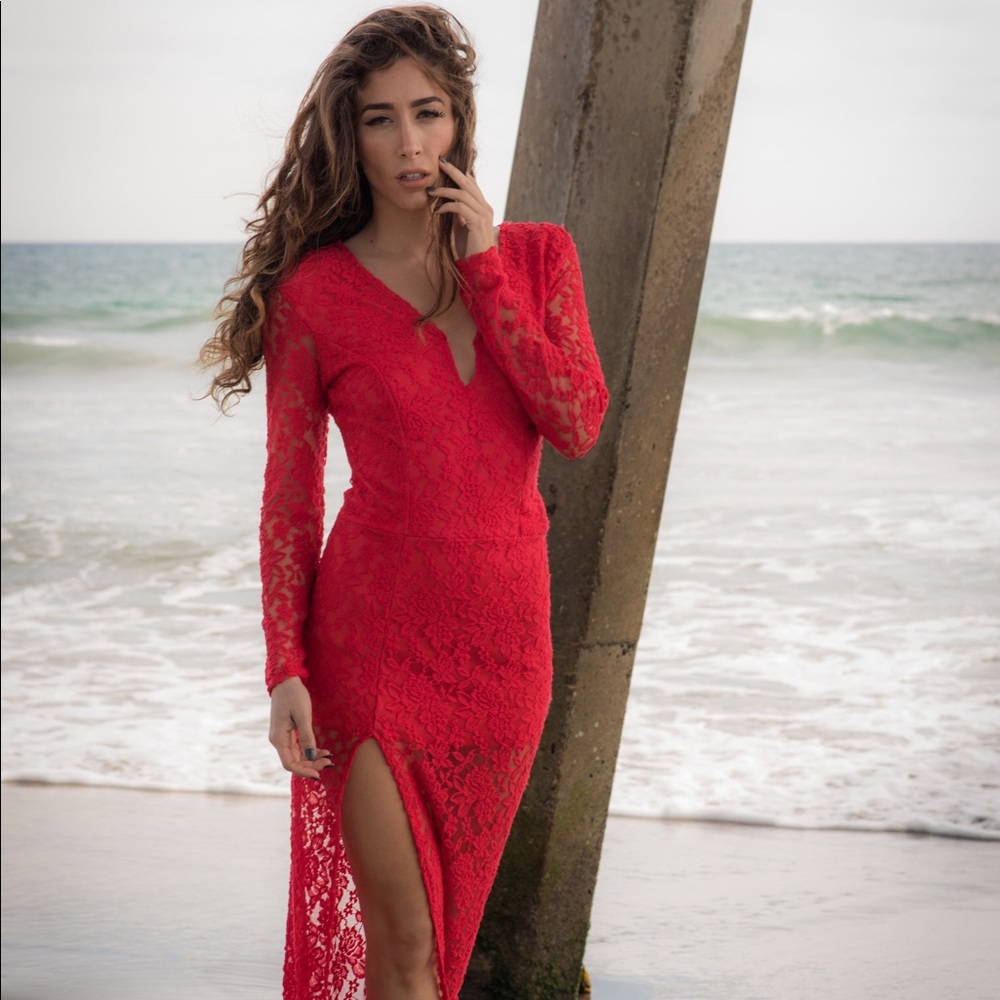 Red Lace Long Sleeve Maxi Dress